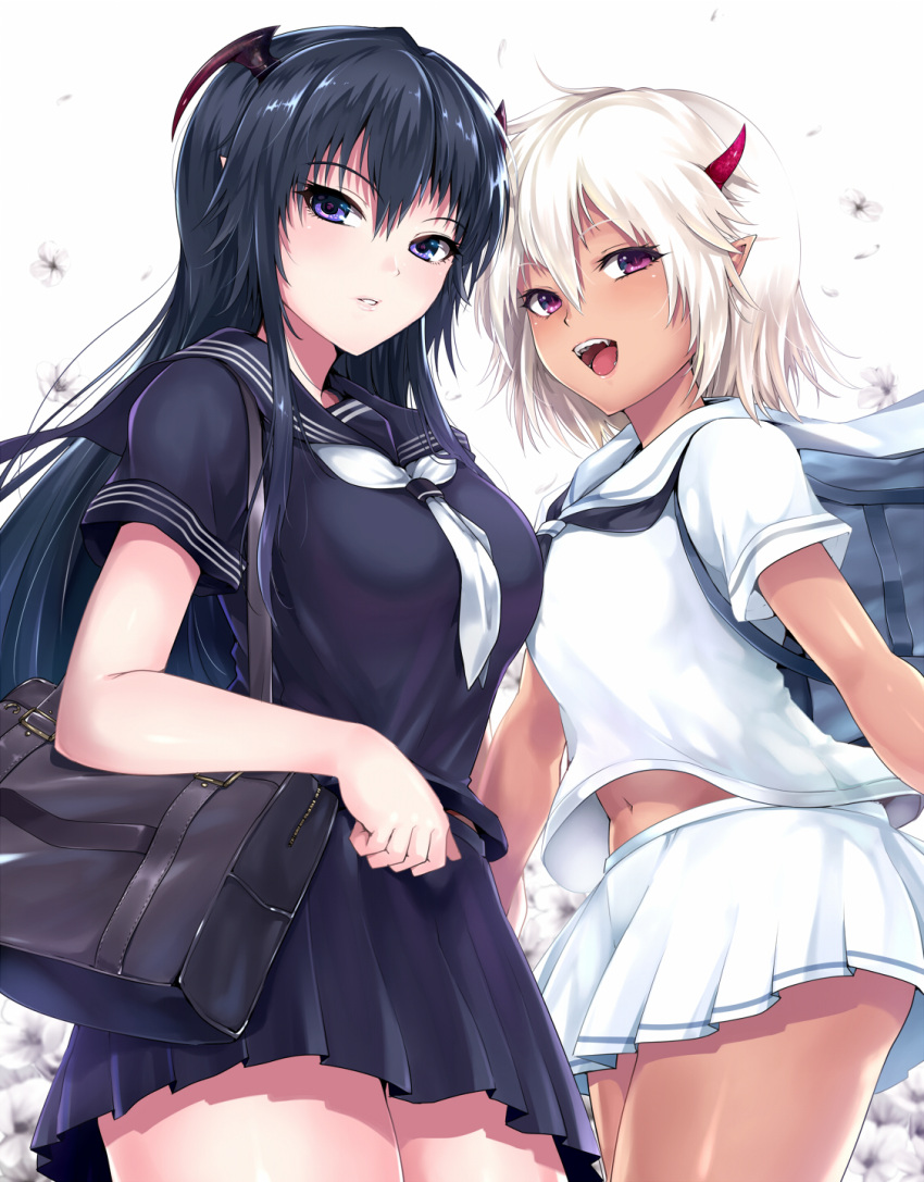 2girls bag bangs black_hair black_neckwear black_shirt black_skirt blush breasts closed_mouth commentary_request dark_skin demon_girl demon_horns eyebrows_visible_through_hair fang flower hair_between_eyes highres horns kasai_shin large_breasts long_hair looking_at_viewer multiple_girls navel neckerchief oni oni_horns open_mouth original petals pleated_skirt pointy_ears sailor_collar school_uniform serafuku shirt short_hair short_sleeves shoulder_bag simple_background skirt smile standing uniform violet_eyes white_hair white_neckwear white_shirt