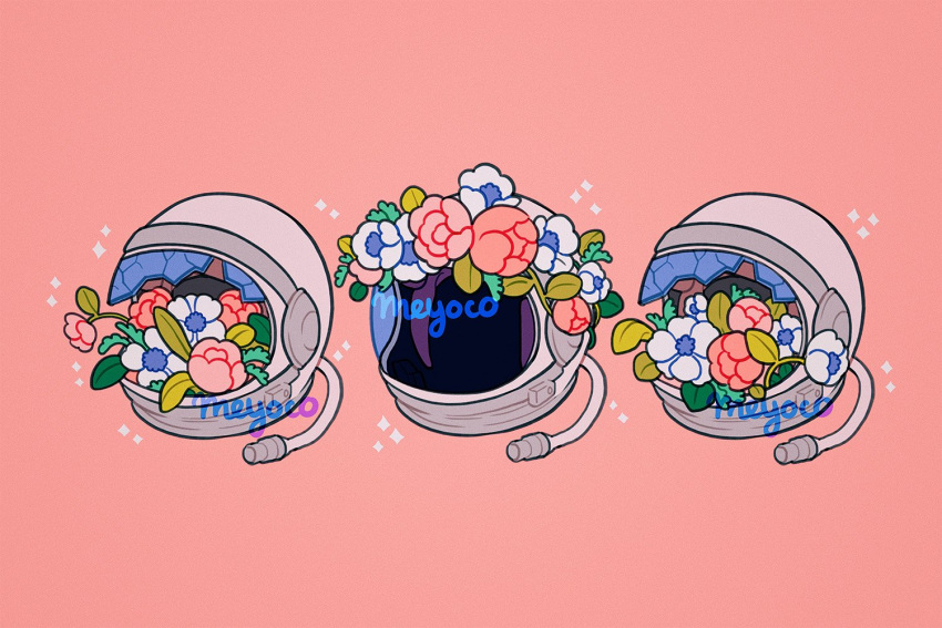 artist_name astronaut_helmet broken broken_glass broken_helmet flower glass leaf meyoco no_humans original pink_background pink_flower simple_background sparkle white_flower