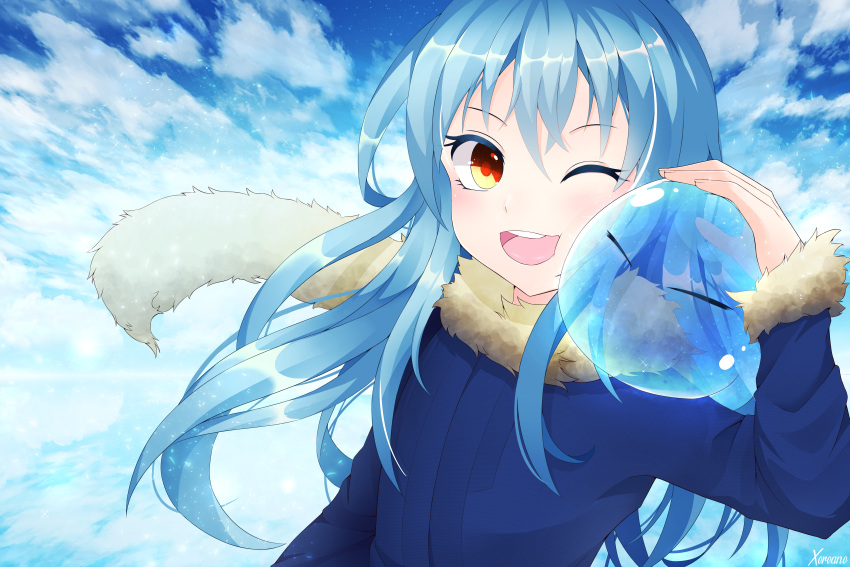 1girl 1other ;d absurdres androgynous artist_name blue_hair blue_sky blush brown_eyes clouds day fur_trim hand_up highres huge_filesize long_hair long_sleeves looking_at_viewer one_eye_closed open_mouth outdoors rimuru_tempest sky slime smile tensei_shitara_slime_datta_ken upper_body xereane