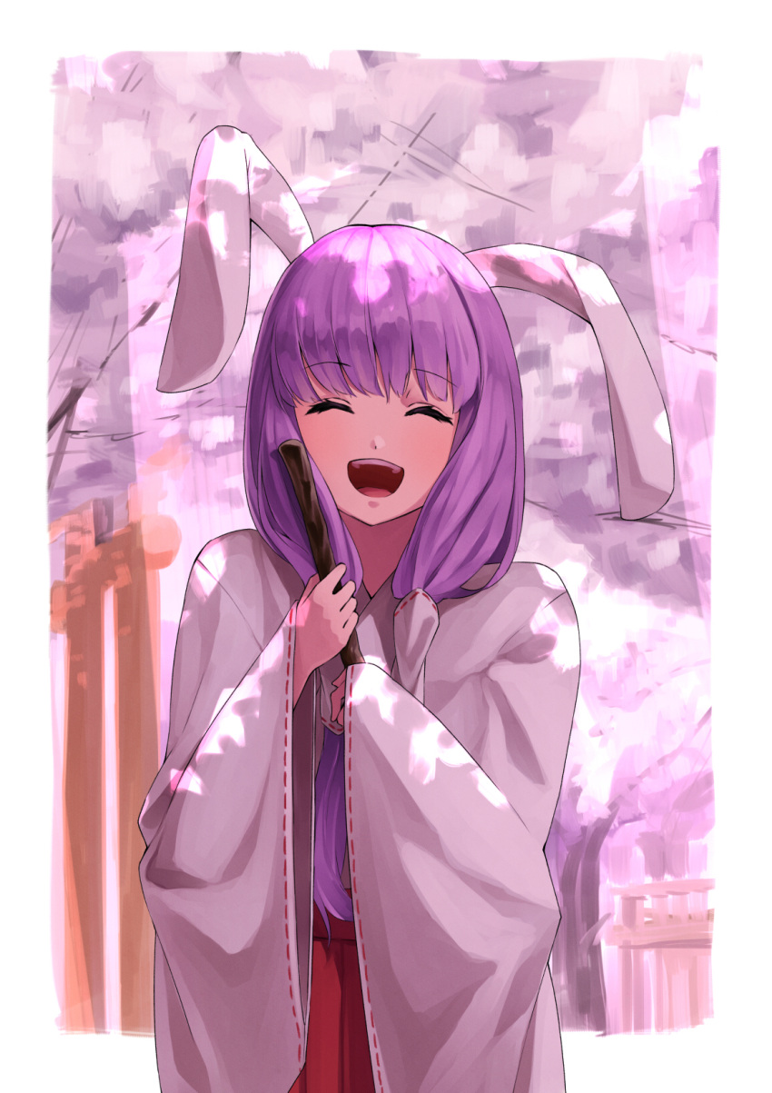 1girl alternate_costume animal_ears broom cherry_blossoms closed_eyes cowboy_shot eyebrows_visible_through_hair hair_tubes highres inuyabu_cc japanese_clothes long_hair looking_at_viewer miko open_mouth purple_hair rabbit_ears reisen_udongein_inaba smile solo torii touhou wide_sleeves