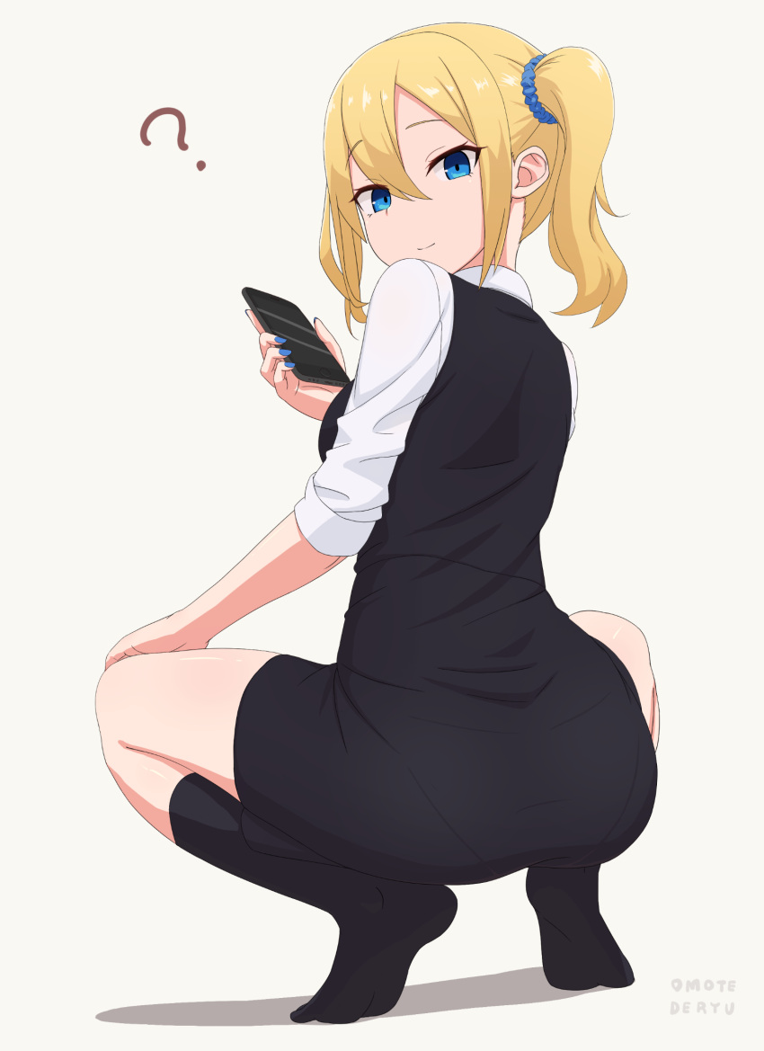 1girl ? ass blonde_hair blue_eyes cellphone from_behind full_body hair_ornament hair_scrunchie half-closed_eyes hayasaka_ai highres kaguya-sama_wa_kokurasetai_~tensai-tachi_no_renai_zunousen~ long_hair looking_at_viewer nail_polish pantylines phone scrunchie side_ponytail smartphone smile socks solo squatting