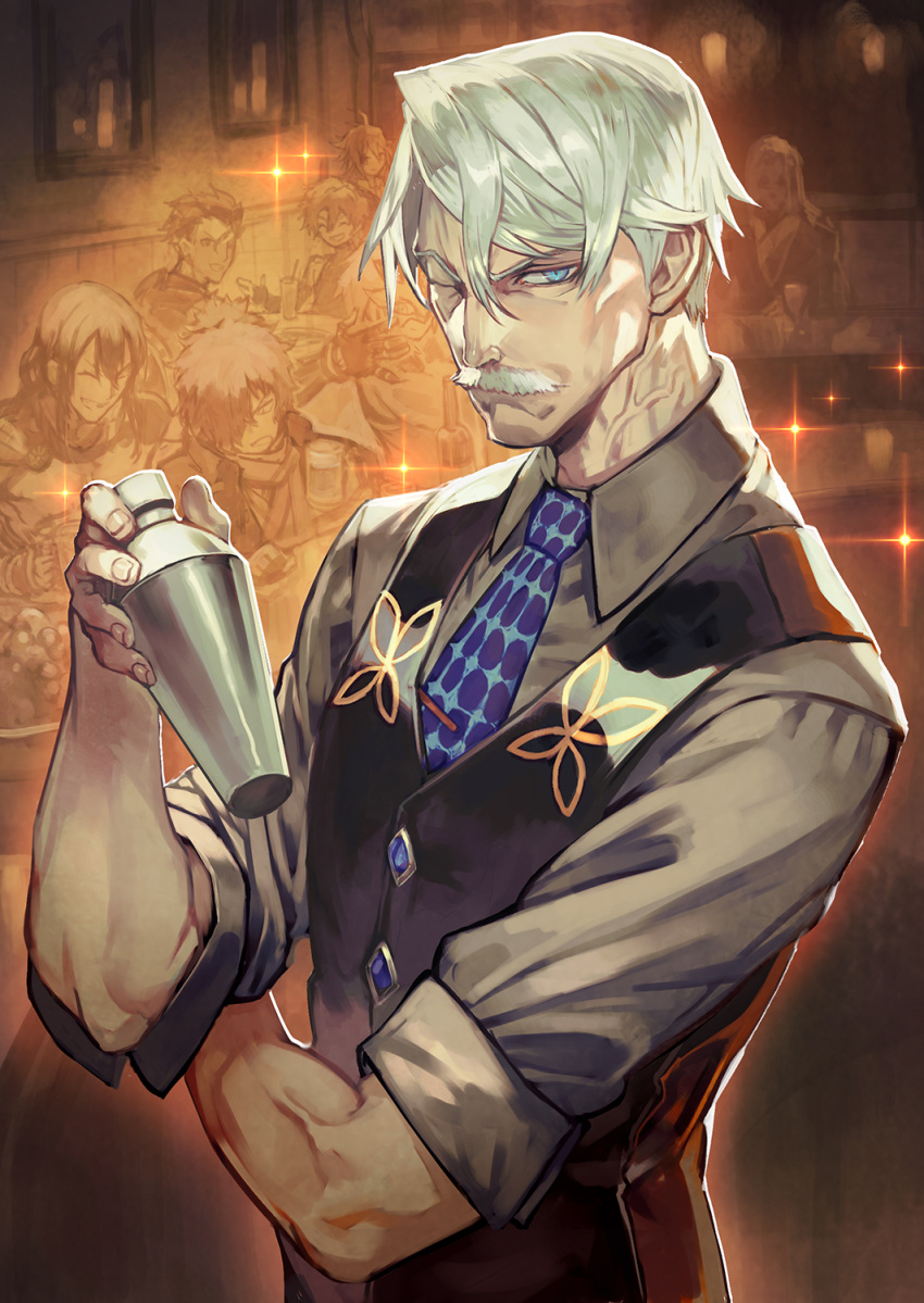 alexander_(fate/grand_order) bar blue_eyes cocktail_shaker diarmuid_ua_duibhne_(fate/grand_order) facial_hair fate/grand_order fate_(series) gao_changgong_(fate) grey_hair highres james_moriarty_(fate/grand_order) lack male_focus mustache necktie okada_izou_(fate) one_eye_closed sieg_(fate/apocrypha) sleeves_rolled_up vest vlad_iii_(fate/apocrypha) yan_qing_(fate/grand_order)