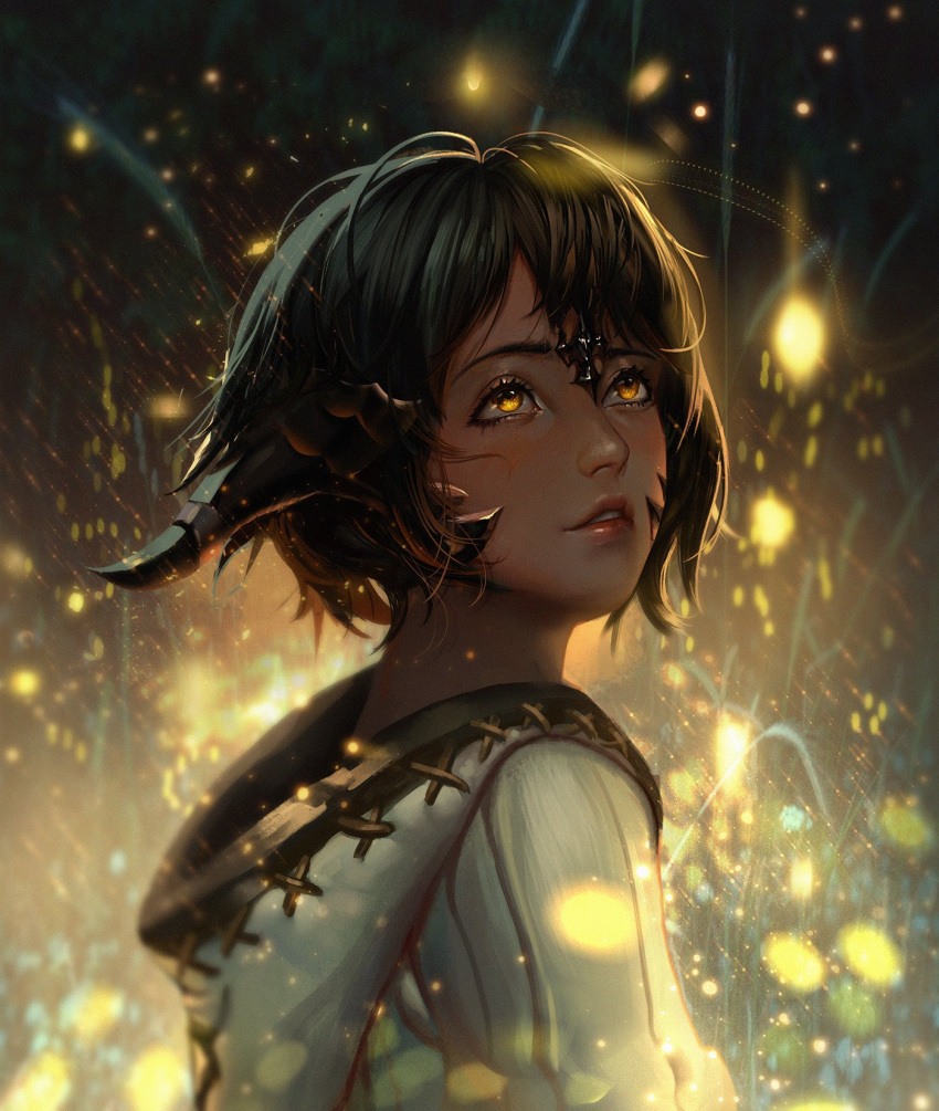 1girl backlighting brown_hair character_request commentary commission english_commentary eyelashes final_fantasy final_fantasy_xiv fireflies from_behind headpiece highres hood hood_down lips looking_up nose portrait sangrde short_hair solo upper_body yellow_eyes