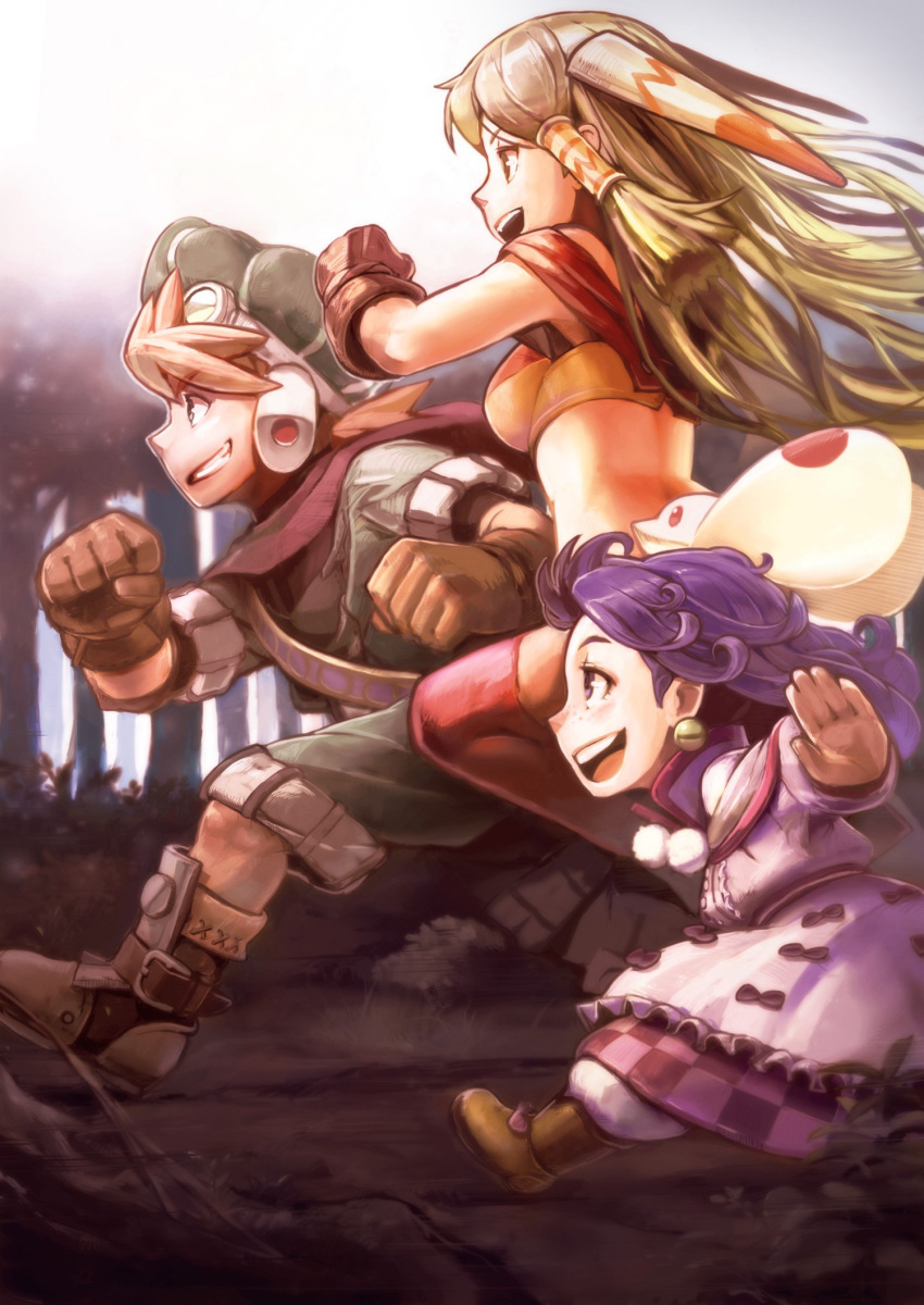 1boy 2girls blue_eyes breasts brown_gloves commentary_request dress feena_(grandia) gloves grandia grandia_i green_hair hair_ornament hair_tubes hat highres jewelry justin_(grandia) kousaku long_hair midriff multiple_girls purple_hair running smile sue_(grandia) thigh-highs