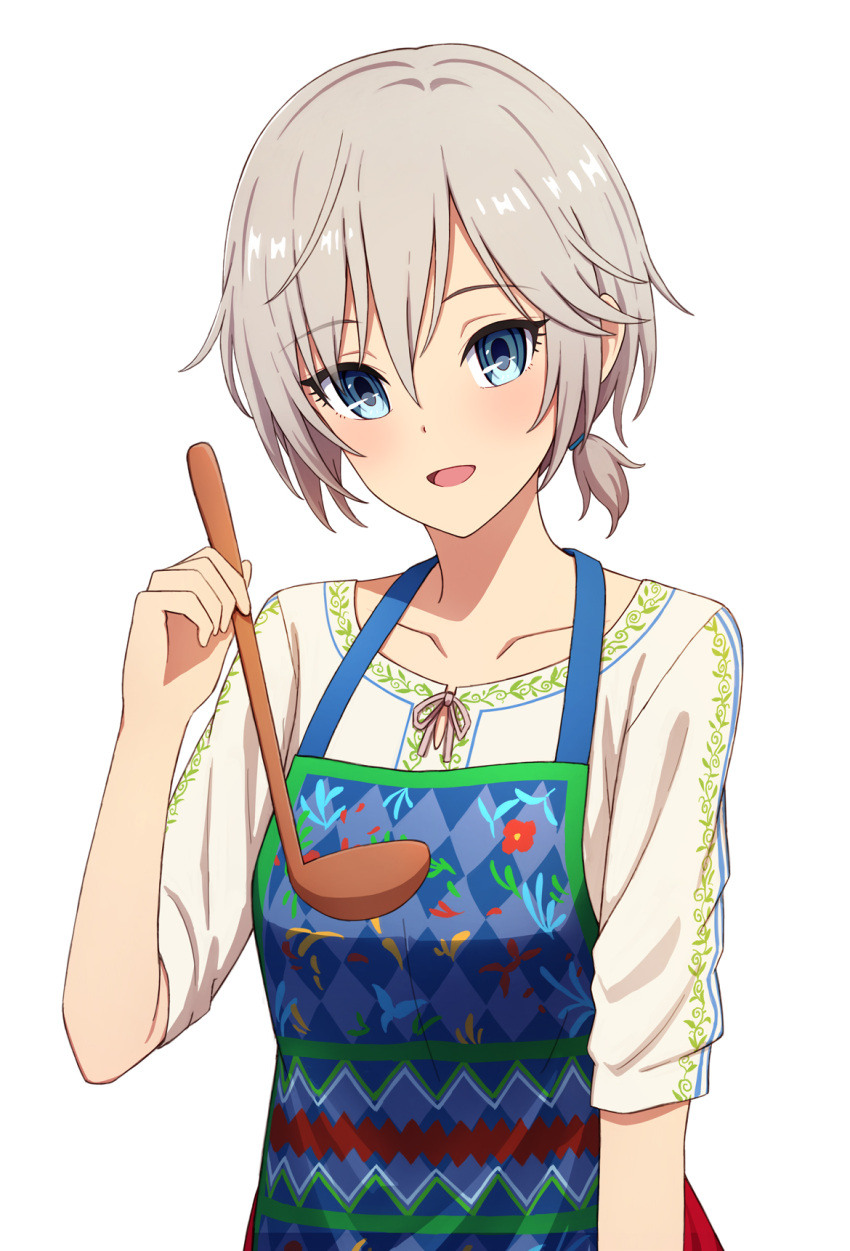 1girl :d anastasia_(idolmaster) apron argyle argyle_apron bangs blue_apron blush collarbone eyebrows_visible_through_hair grey_hair hair_tie highres holding idolmaster idolmaster_cinderella_girls ladle looking_at_viewer open_mouth shirt short_hair short_ponytail short_sleeves smile solo upper_body white_shirt yahiro_(epicopeiidae)