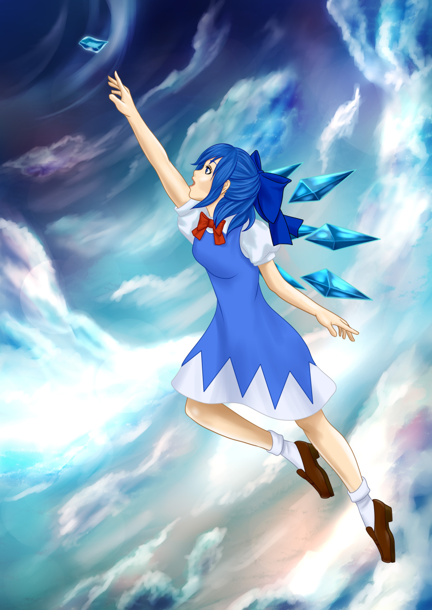 1-05 1girl absurdres blue_dress blue_eyes blue_hair blue_sky bow bowtie breasts brown_footwear cirno clouds commentary_request dress flying folded_leg from_side full_body gem hair_bow highres loafers looking_to_the_side looking_up medium_breasts open_mouth outstretched_arm pinafore_dress profile puffy_short_sleeves puffy_sleeves reaching red_neckwear shirt shoes short_sleeves sky solo thick_eyebrows touhou white_legwear white_shirt wings