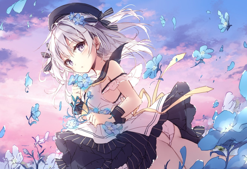 1girl ass bare_shoulders beret black_hat black_ribbon black_sailor_collar blue_flower blush breasts clouds cloudy_sky cowboy_shot dress dutch_angle emori_miku_project evening ezuki_luna field floating_hair flower flower_field grey_eyes hair_ribbon hand_up hat long_hair looking_at_viewer looking_back medium_breasts mochizuki_shiina official_art outdoors panties parted_lips ribbon sailor_collar sailor_dress sidelocks silver_hair sky sleeveless sleeveless_dress solo standing striped striped_ribbon underwear white_dress white_panties wind wrist_cuffs