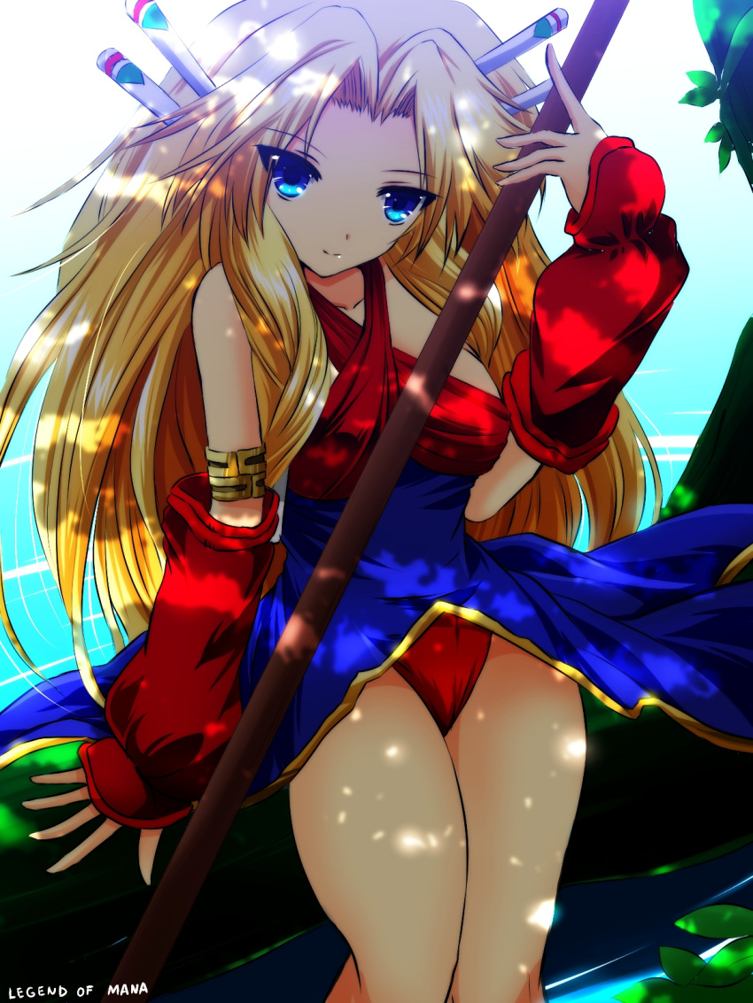 1girl :d armband bangs bare_shoulders beach blonde_hair blue_dress blue_eyes blush breasts brown_hair closed_mouth criss-cross_halter detached_sleeves dress fur_trim green_background green_eyes hair_ornament hair_tubes halter_top halterneck highres house imu_(lom) jewelry legend_of_mana long_hair looking_at_viewer medium_breasts miniature nekominase open_mouth polearm seiken_densetsu smile solo upper_body weapon