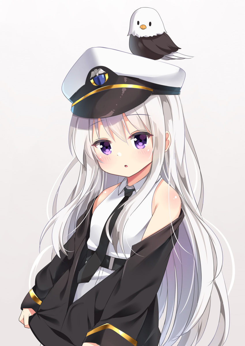 1girl :o absurdres agung_syaeful_anwar azur_lane bald_eagle bangs bare_shoulders bird black_jacket black_neckwear blush collared_shirt commentary eagle enterprise_(azur_lane) eyebrows_visible_through_hair gradient gradient_background grey_background grey_hair hair_between_eyes hat head_tilt highres jacket long_hair long_sleeves looking_at_viewer necktie off_shoulder parted_lips peaked_cap shirt sleeveless sleeveless_shirt sleeves_past_wrists solo upper_body very_long_hair violet_eyes white_headwear white_shirt younger