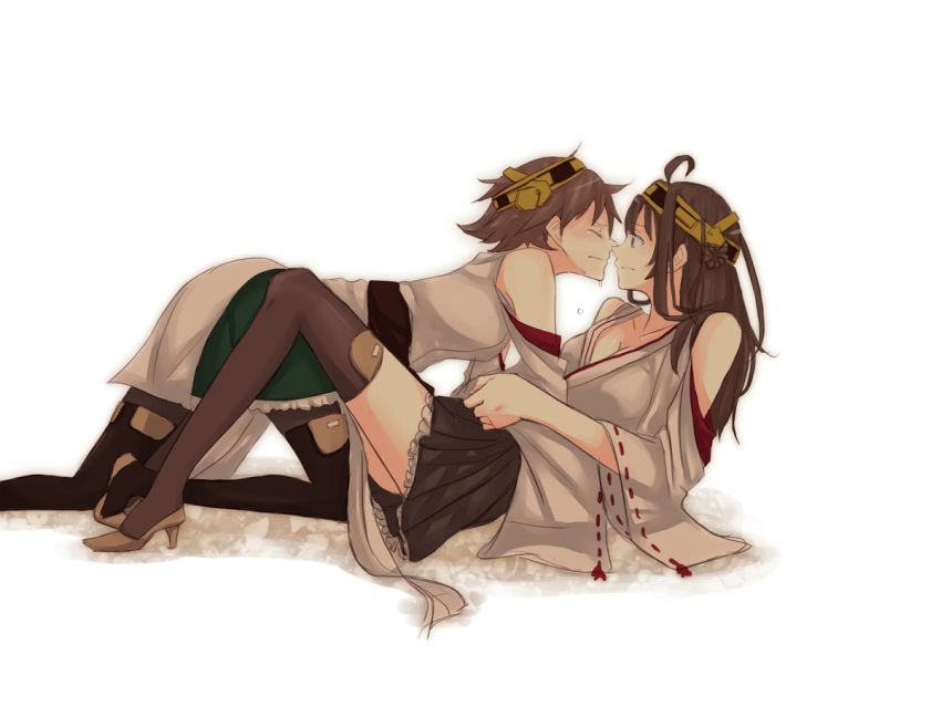 2girls between_legs black_legwear boots breasts brown_hair brown_legwear cleavage closed_eyes hiei_(kantai_collection) high_heels hollomaru kantai_collection kongou_(kantai_collection) long_hair multiple_girls nontraditional_miko plaid plaid_skirt short_hair skirt thigh-highs thigh_boots white_background wide_sleeves yuri