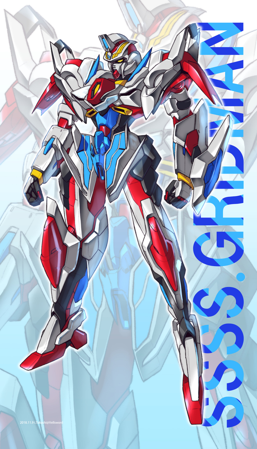 acceptor armor clenched_hands gridman_(ssss) gundam highres i.takashi male_focus mecha mechanical_arms mechanical_legs mechanical_parts mechanization no_humans no_pupils oldschool personification power_armor rx-78-2 science_fiction shoulder_armor ssss.gridman yellow_eyes zoom_layer