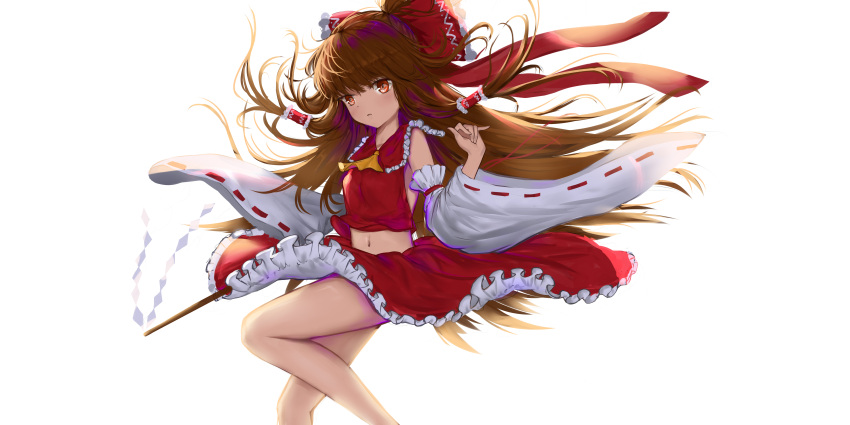 1girl absurdres ascot brown_eyes brown_hair detached_sleeves gohei hair_ribbon hair_tubes hakurei_reimu highres huijin_zhi_ling japanese_clothes lace-trimmed_sleeves long_hair midriff miko navel red_ribbon ribbon solo touhou white_background wide_sleeves