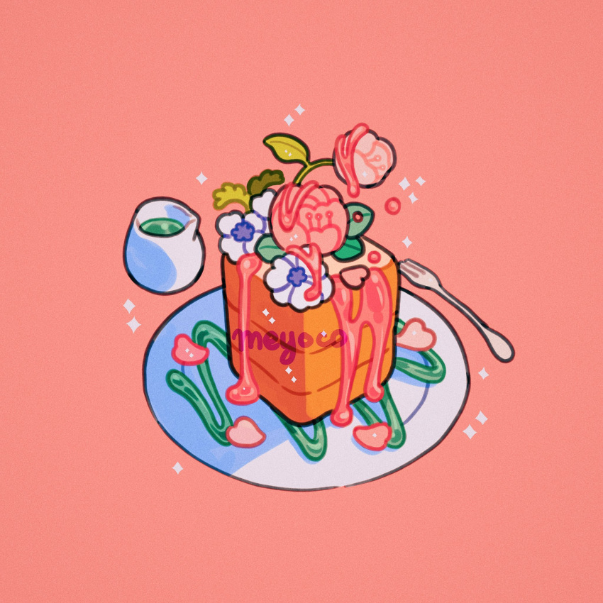 artist_name cup flower food fork heart highres honey leaf meyoco no_humans original petals pink_background pink_flower plant plate simple_background sparkle toast white_flower