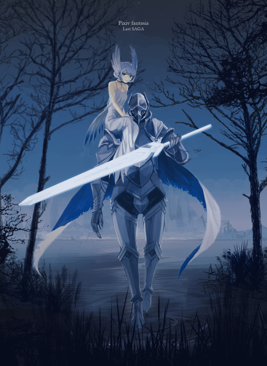 1girl armor bare_tree blue_hair blue_sky blue_theme code-glove copyright_name day dress gauntlets gradient_sky grass helmet highres holding holding_sword holding_weapon krahe_(pixiv_fantasia_last_saga) looking_at_viewer outdoors pixiv_fantasia_last_saga ripples sienna_(pixiv_fantasia_last_saga) sitting_on_shoulder sky standing sword tree water weapon white_dress