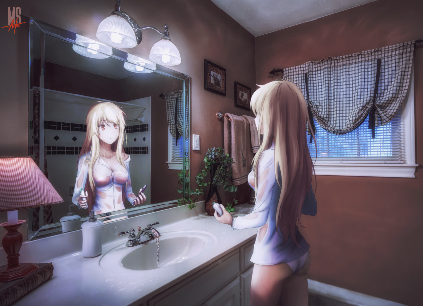 1girl anna_o_renko bathroom blonde_hair breasts from_behind highres holding lamp light long_hair looking_at_mirror messy_hair mirror panties photo photo_background plant potted_plant red_eyes sakura-sou_no_pet_na_kanojo shiina_mashiro shirt sink solo standing toothbrush toothpaste towel underwear upper_body vase water watermark wet wet_clothes wet_shirt window