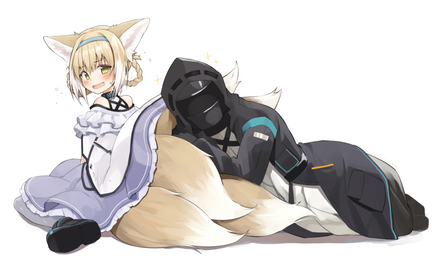 1girl 1other animal_ears aqua_hairband arknights bangs black_footwear black_jacket blonde_hair blue_dress blush doctor_(arknights) dress eyebrows_visible_through_hair fox_ears fox_tail frilled_dress frills green_eyes hair_rings hairband highres hood hood_up hooded_jacket infection_monitor_(arknights) jacket kyuubi looking_at_viewer looking_back multiple_tails ohta_yuichi open_clothes open_jacket open_mouth shoes short_hair sitting suzuran_(arknights) sweatdrop tail wariza
