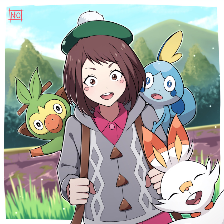 1girl alternate_costume artist_name backpack bag blurry blurry_background boku_no_hero_academia brown_eyes brown_hair cardigan commentary_request cosplay creatures_(company) day eyebrows_visible_through_hair game_freak gen_8_pokemon gloria_(pokemon) gloria_(pokemon)_(cosplay) grey_cardigan grookey happy hat highres long_sleeves looking_at_viewer mountain neotwenty nintendo outdoors pink_shirt pokemon pokemon_(creature) pokemon_(game) pokemon_swsh scorbunny shirt short_hair sky smile sobble solo tree upper_body upper_teeth uraraka_ochako