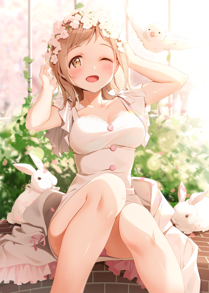 1girl ;d animal arm_up bangs bird blurry blurry_background blush breasts brick_wall brown_eyes collarbone commentary_request depth_of_field dress eyebrows_visible_through_hair flower flying hair_flower hair_ornament hand_up highres idolmaster idolmaster_shiny_colors light_brown_hair looking_at_viewer medium_breasts one_eye_closed open_mouth panties petals pink_panties rabbit sakuragi_mano shiratama_akane signature sitting smile solo twitter_username underwear white_dress white_flower