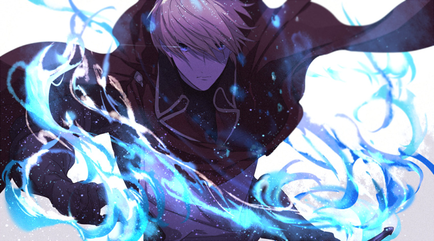 1boy black_gloves blonde_hair blue_eyes cape dylan_the_island_king fighting_stance gloves kai28 leaning_forward male_focus pixiv_fantasia_last_saga red_cape solo standing sword weapon white_background