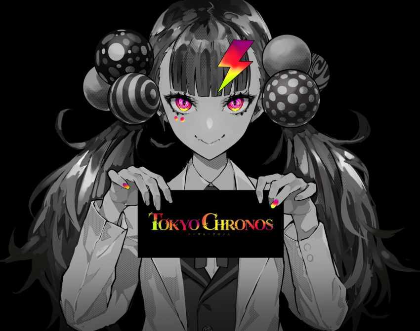 1girl bangs black_background black_hair buttons closed_mouth earrings fangs gradient gradient_nails greyscale hair_ornament holding holding_sign jewelry lightning_bolt lightning_bolt_hair_ornament monochrome pink_eyes ram_(ramlabo) school_uniform sign simple_background smile solo spot_color tokyo_chronos upper_body