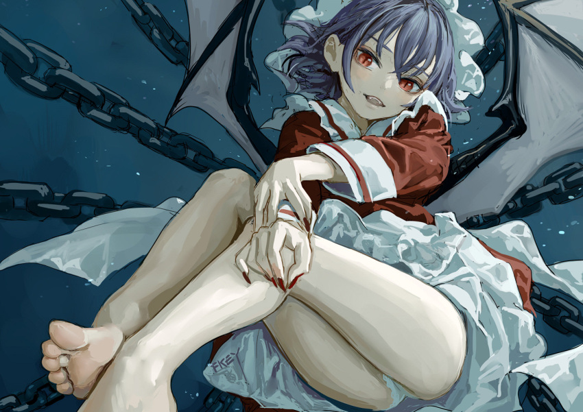 1girl ass bangs bare_legs barefoot bat_wings blue_background blue_hair chains dress fangs feet_out_of_frame fingernails fkey hat head_tilt long_sleeves looking_at_viewer mob_cap nail_polish open_mouth panties pantyshot petticoat red_dress red_eyes red_nails remilia_scarlet sailor_collar sharp_fingernails short_hair simple_background smile solo thighs touhou underwear white_hat white_panties white_sailor_collar wings