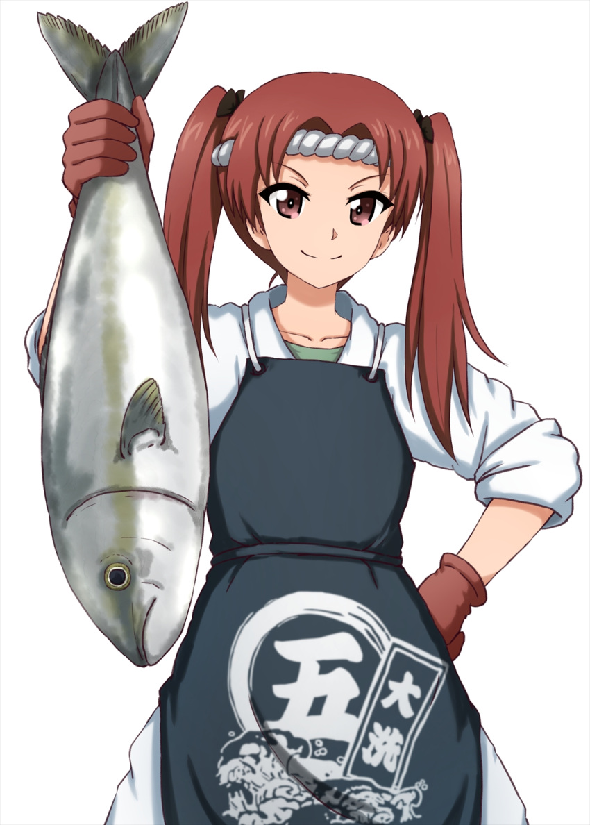 1girl apron bangs black_bow blue_apron bow brown_eyes brown_gloves brown_hair closed_mouth commentary cowboy_shot fish fish_request fukuen_misato girls_und_panzer gloves hachimaki hair_bow hand_on_hip headband highres holding holding_fish kadotani_anzu long_hair long_sleeves looking_at_viewer omachi_(slabco) pants parted_bangs print_apron shirt simple_background sleeves_rolled_up smile solo standing twintails v-shaped_eyebrows white_background white_headband white_pants white_shirt