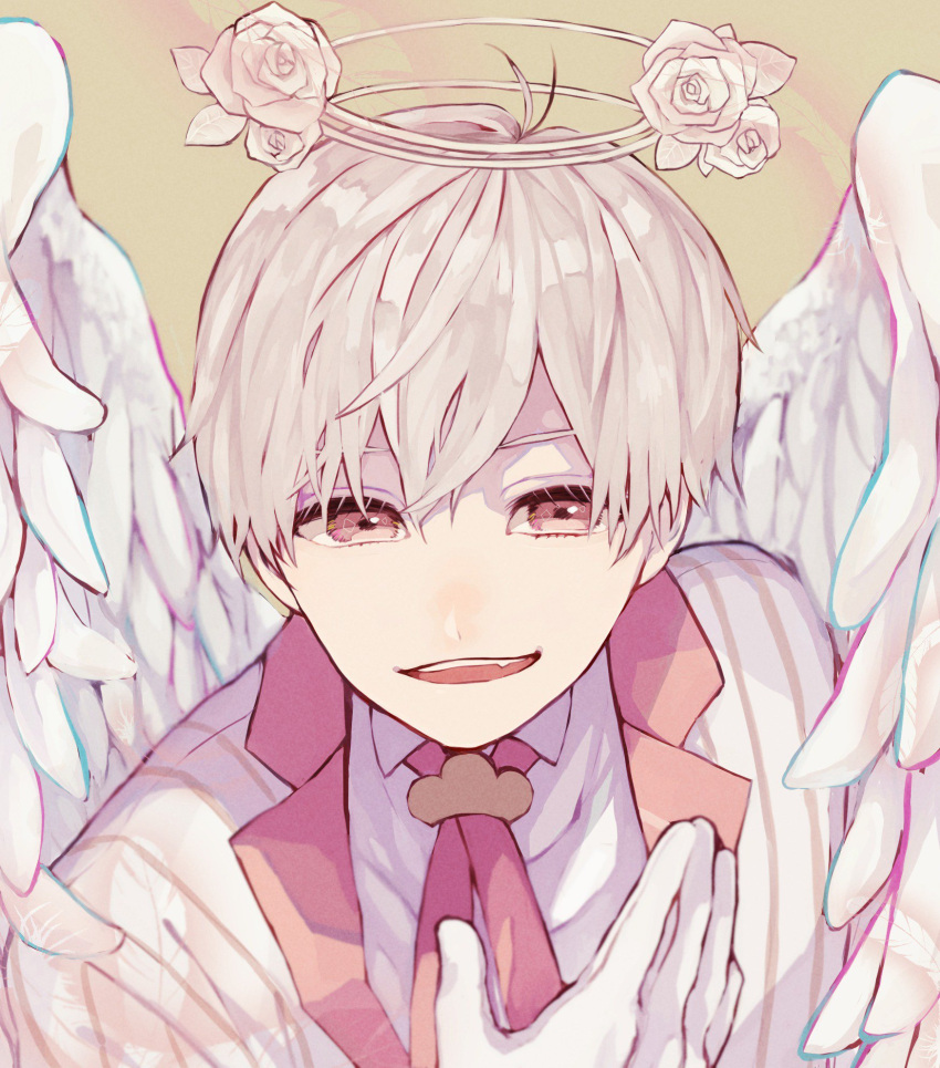 1boy angel_wings commentary_request face fang flower gloves hagi_(mtmtmkn0113) hair_between_eyes halo highres jacket male_focus necktie original pink_eyes rose shirt short_hair simple_background solo striped_jacket white_flower white_gloves white_hair white_rose white_shirt white_wings wings