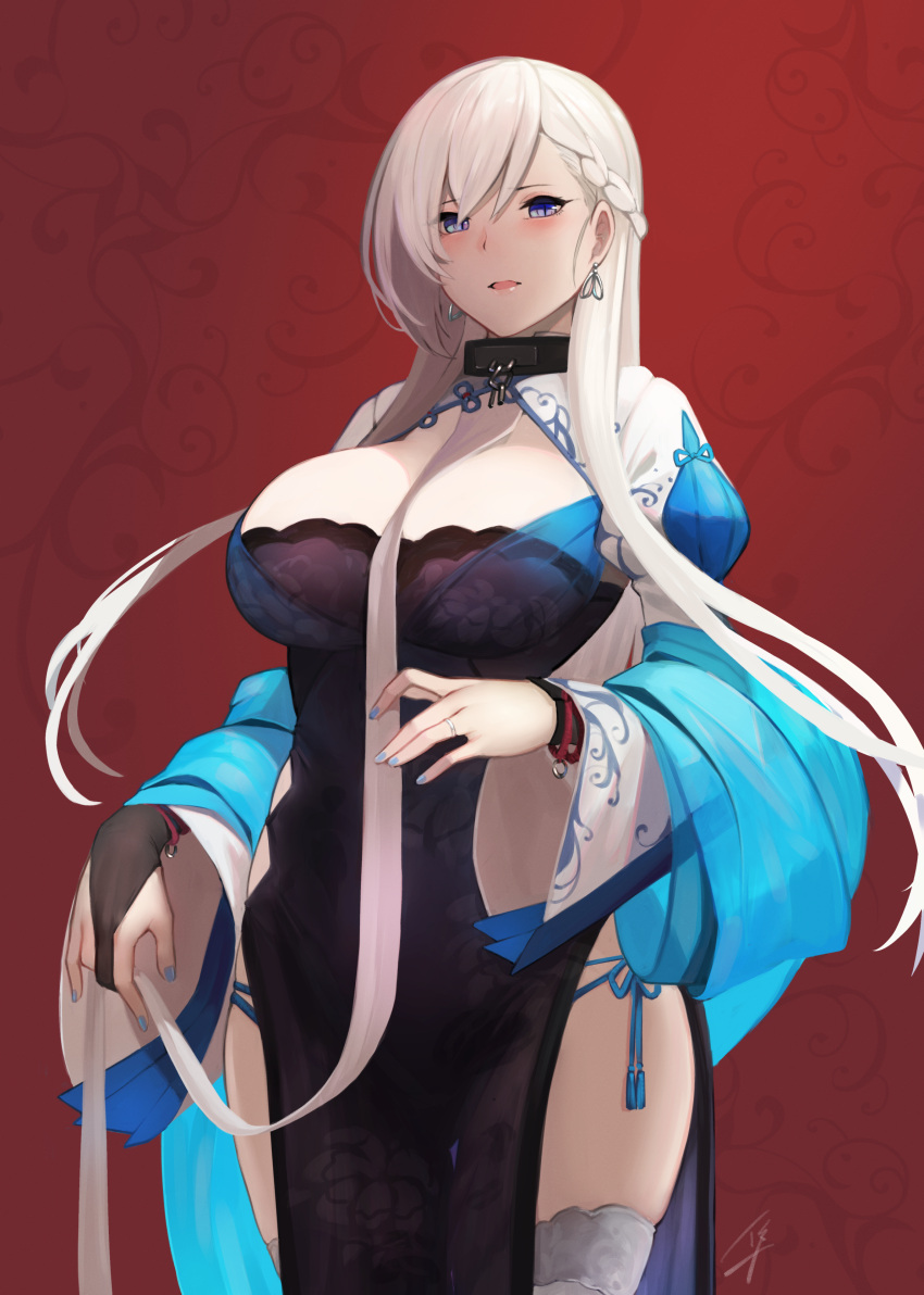 1girl absurdres alternate_costume azur_lane belfast_(azur_lane) belfast_(iridescent_rose)_(azur_lane) between_breasts black_dress black_gloves blue_eyes braid breasts china_dress chinese_clothes cleavage_cutout collar cowboy_shot dress earrings elbow_gloves from_below gloves hayabusa highres jewelry large_breasts long_hair looking_at_viewer nail_polish paid_reward panties parted_lips partly_fingerless_gloves pelvic_curtain ring side-tie_panties side_braid side_slit solo string_panties thigh-highs thigh_gap underwear wedding_ring white_legwear wide_sleeves wristband