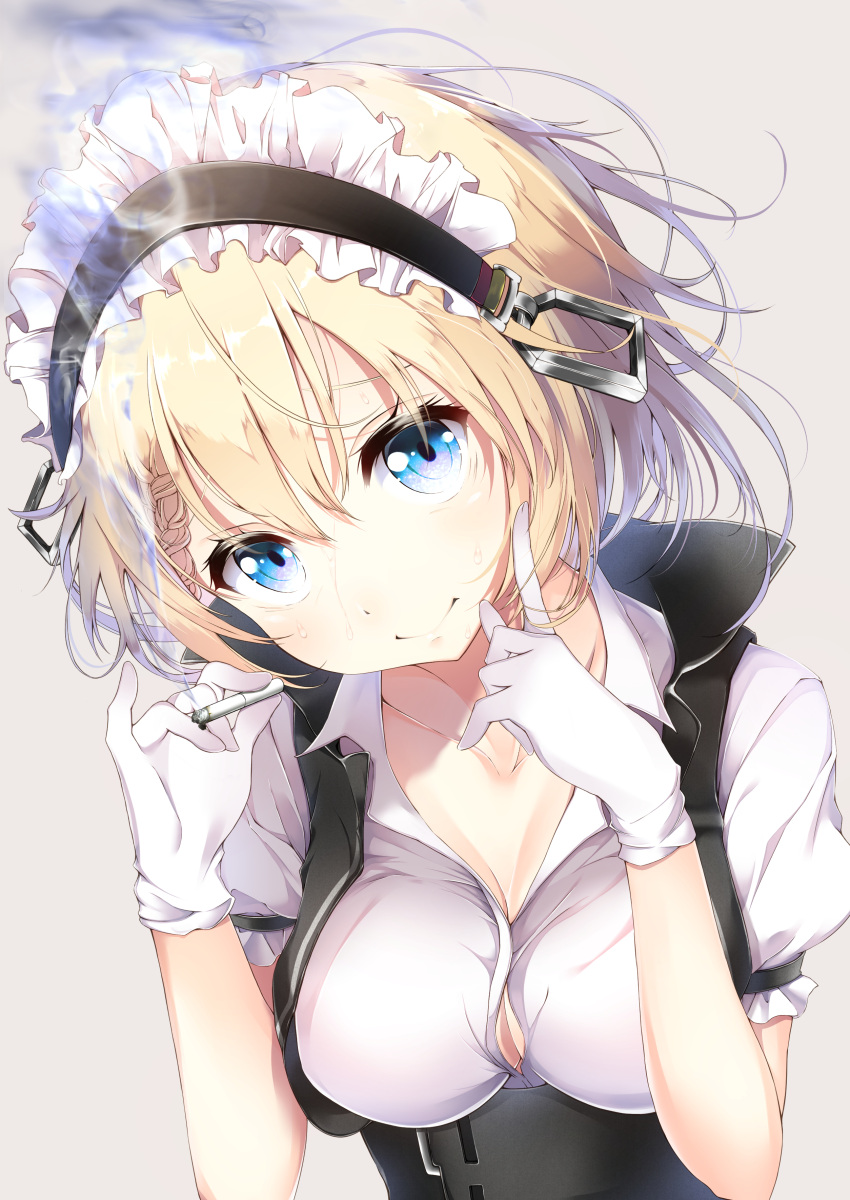 1girl absurdres bangs beige_background blonde_hair blue_eyes blush braid breasts cigarette closed_mouth corset cropped_vest eyebrows_visible_through_hair g36_(girls_frontline) girls_frontline gloves hair_between_eyes hair_ornament head_tilt highres holding holding_cigarette katsuya_228 large_breasts looking_at_viewer maid maid_headdress pinky_out puffy_short_sleeves puffy_sleeves short_sleeves sidelocks simple_background smile smoking solo sweat upper_body white_gloves