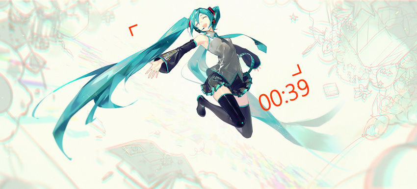 1girl 39 :d ^_^ armpits bare_shoulders black_skirt blue_hair blue_neckwear chromatic_aberration closed_eyes closed_eyes clothes_lift commentary_request detached_sleeves floating_hair full_body grey_background grey_shirt happy_tears hatsune_miku headset highres jumping long_hair necktie number open_mouth outstretched_arms shirt simple_background skirt sleeveless sleeveless_shirt smile solo star tears thigh-highs thighs twintails upper_teeth very_long_hair vocaloid yyb