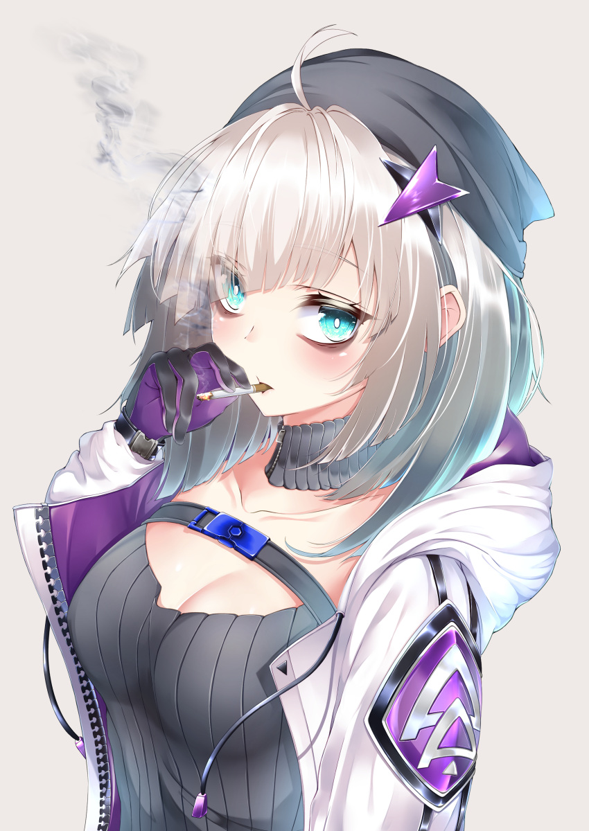 1girl aa-12_(girls_frontline) absurdres ahoge aqua_eyes bags_under_eyes bangs beige_background black_hat breasts choker cigarette eyebrows_visible_through_hair eyes_visible_through_hair girls_frontline gloves hair_ornament hat highres holding jacket katsuya_228 long_hair looking_at_viewer medium_breasts open_clothes open_jacket sidelocks silver_hair simple_background smoking snap-fit_buckle solo star star_hair_ornament unzipped upper_body
