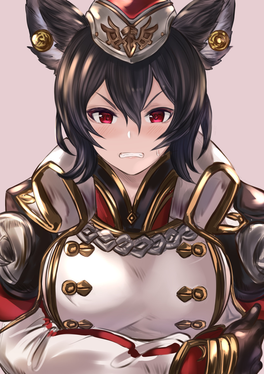 1girl absurdres animal_ears bangs black_gloves black_hair blush breasts cape clenched_teeth crossed_arms ear_piercing erune garrison_cap gloves granblue_fantasy hair_between_eyes hat highres ilsa_(granblue_fantasy) large_breasts long_sleeves looking_at_viewer maou_(maoudaisukiya) military military_uniform piercing red_eyes solo sweatdrop teeth uniform white_hat