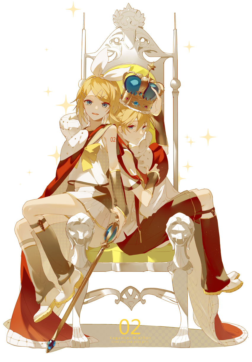 1boy 1girl absurdres blonde_hair blue_eyes brother_and_sister cape character_name commentary_request crown detached_sleeves english_text expressionless eyebrows_visible_through_hair fingernails full_body garter_straps hair_ribbon highres kagamine_len kagamine_rin leg_warmers looking_away number number_tattoo parted_lips ribbon sailor_collar shadow short_hair shorts shoulder_tattoo siblings simple_background sitting skirt sparkle sparkle_background staff tattoo teeth text_focus throne twins vocaloid white_background white_ribbon white_skirt yellow_ribbon zhibuji_loom