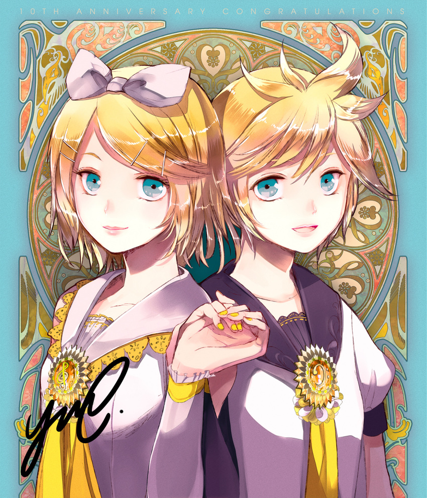 1boy 1girl :d alternate_costume anniversary aqua_background arm_at_side bass_clef blonde_hair blue_eyes brother_and_sister close-up english_text fingernails hair_ornament hair_ribbon hairclip hand_holding hands_up happy highres kagamine_len kagamine_rin long_sleeves looking_at_viewer musical_note nail_polish open_mouth ribbon sailor_collar shirt short_hair short_sleeves siblings signature simple_background smile text_focus treble_clef twins upper_body vocaloid white_ribbon white_shirt yellow_nails yuu_(arcadia)