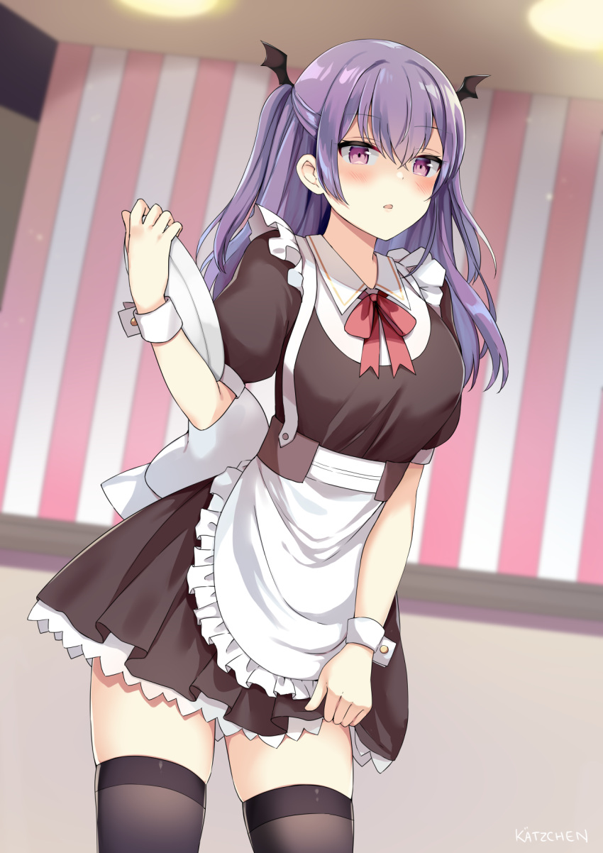1girl apron artist_name bangs blush breasts brown_dress dress hair_between_eyes highres holding holding_tray indoors kaetzchen long_hair looking_at_viewer maid maid_headdress open_mouth original puffy_short_sleeves puffy_sleeves purple_hair short_sleeves sidelocks skindentation solo thigh-highs tray two_side_up violet_eyes waist_apron wrist_cuffs zettai_ryouiki
