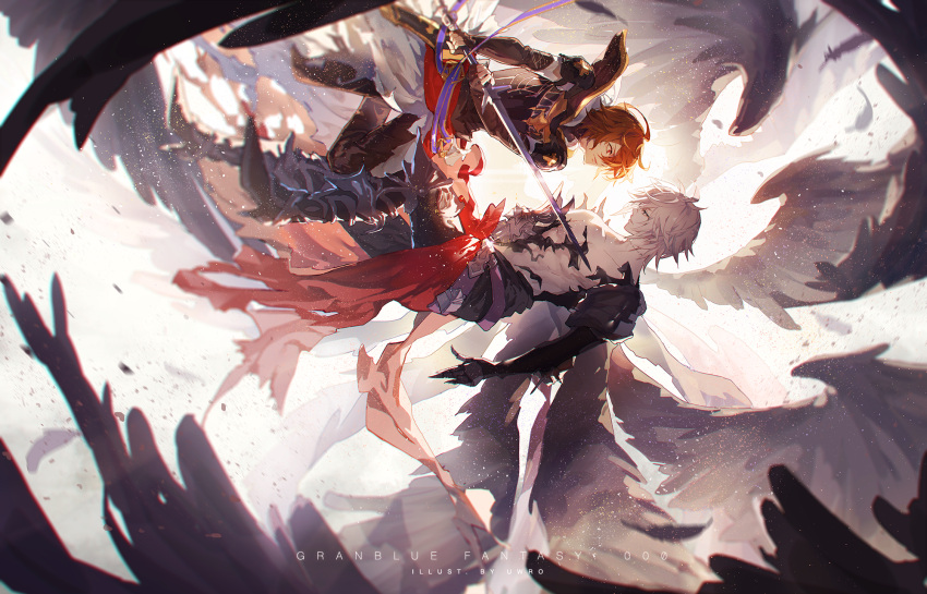 2boys armor blue_eyes brown_hair fingerless_gloves gloves granblue_fantasy hair_between_eyes highres hood hood_down lucilius_(granblue_fantasy) male_focus multiple_boys multiple_wings red_eyes sandalphon_(granblue_fantasy) seraph short_hair shoulder_armor silver_hair sword uwro weapon white_hair wings