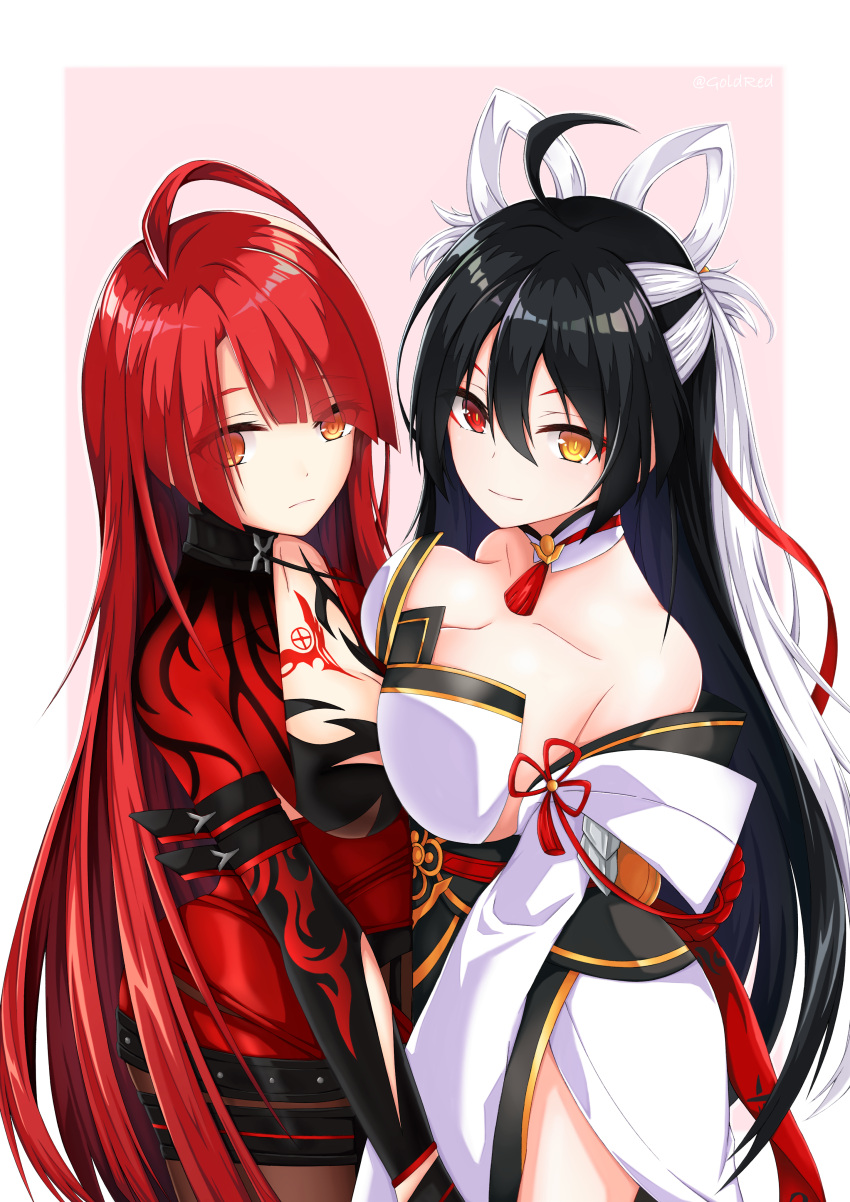 2girls absurdres ara_han bare_shoulders bloody_queen_(elsword) breast_press breasts cleavage collarbone detached_sleeves elesis_(elsword) elsword eyebrows_visible_through_hair eyes_visible_through_hair goldred-cheng heterochromia highres multicolored_hair multiple_girls shiva_(elsword) slit_pupils smile tattoo two-tone_hair