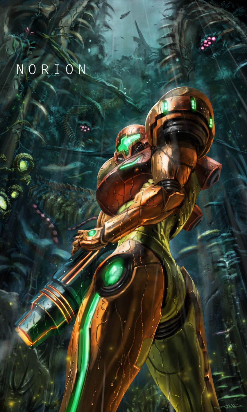 alien glowing glowing_eyes highres jungle leaf looking_back metroid metroid_prime metroid_prime_3:_corruption nature nintendo plant rain samus_aran spikes varia_suit vines water_drop zuma_(zuma_yskn)