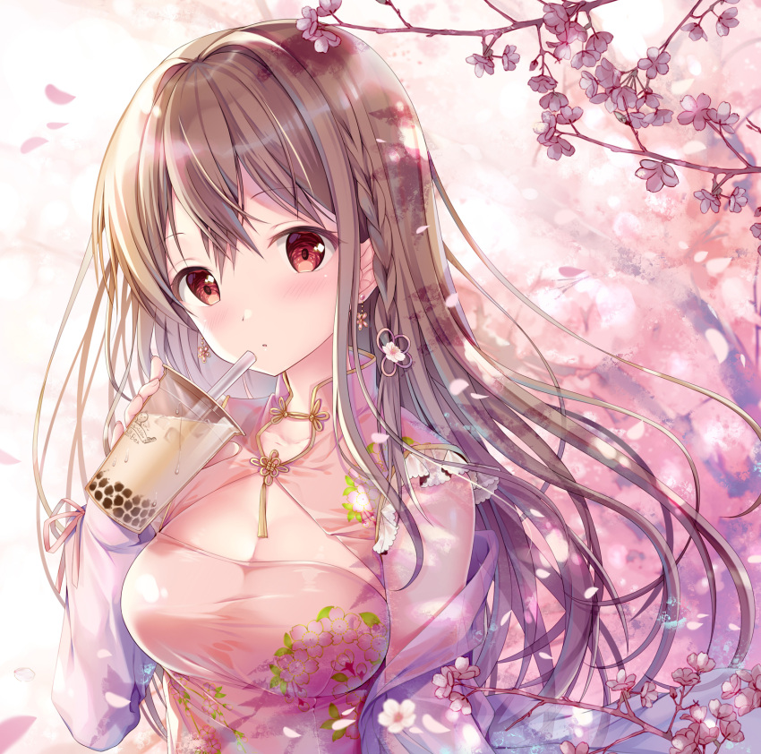 1girl bangs blush braid breasts brown_hair cherry china_dress chinese_clothes condensation cup dress drinking_straw earrings eyebrows_visible_through_hair floating_hair flower flower_earrings food fruit hair_between_eyes hair_flower hair_ornament head_tilt highres holding holding_cup jewelry long_hair long_sleeves looking_at_viewer medium_breasts open_mouth original outdoors petals pink_dress red_eyes shawl sidelocks solo sousouman taut_clothes taut_dress upper_body wind