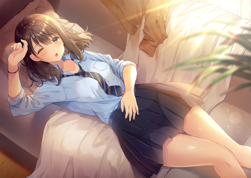 1girl arm_up armband bangs bed blue_shirt blush breasts brown_hair closed_mouth collarbone collared_shirt commentary_request eyebrows_visible_through_hair hair_between_eyes leaf light_rays long_sleeves looking_at_viewer lying medium_hair necktie noda_shuha on_back on_bed one_eye_closed open_mouth original pillow red_neckwear school_uniform shirt skirt sleeves_folded_up solo sunlight sweater thighs