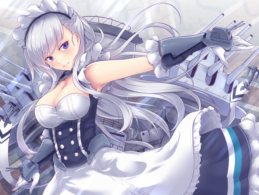 1girl anchor apron azur_lane bangs bare_shoulders belfast_(azur_lane) blue_eyes braid breasts brown_hair chains cleavage closed_mouth collar collarbone commentary_request corset eyebrows_visible_through_hair floating_hair french_braid frilled_apron frilled_gloves frills gauntlets gloves highres large_breasts looking_at_viewer machinery maid maid_apron maid_headdress side_braid silver_hair smile solo turret twinameless waist_apron white_apron white_gloves