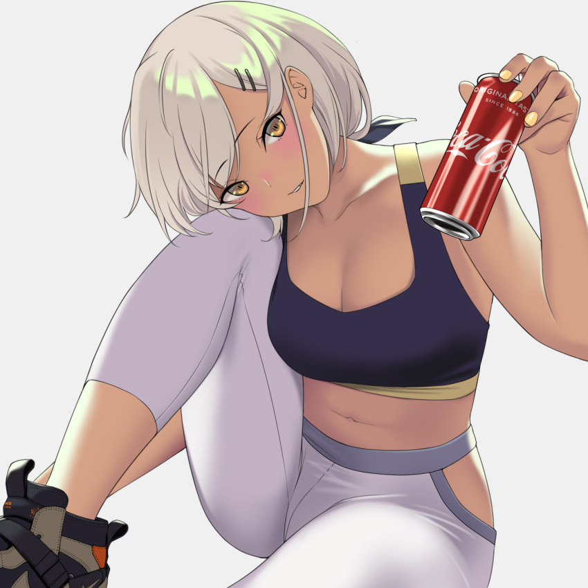 1girl abs breasts can cleavage coca-cola girls_frontline hair_ornament hair_ribbon hairclip highres mossberg_m590_(girls_frontline) navel ribbon shoes sneakers soft_drink solo spandex sports_bra tan white_background white_hair yellow_eyes yitiao_er-hua