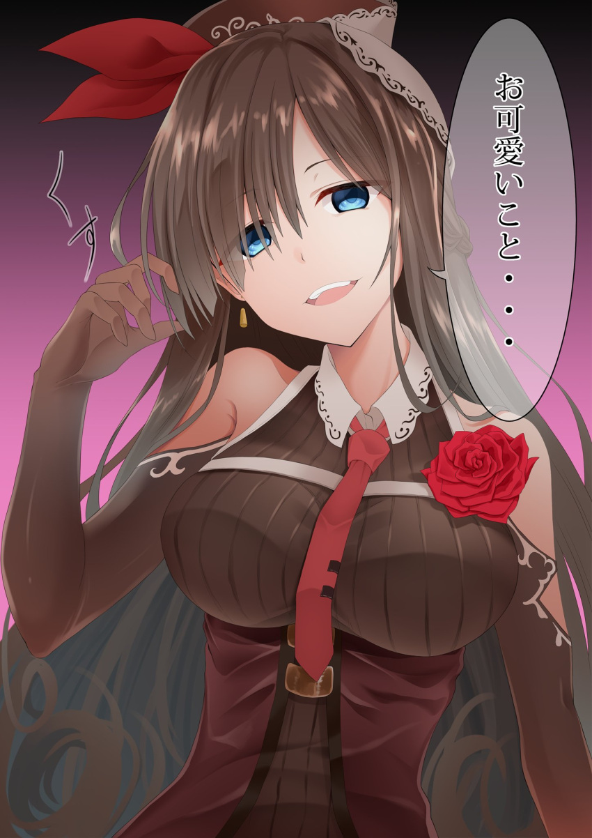 1girl bare_shoulders black_gloves blue_eyes breasts brown_hair commentary_request dark_background elbow_gloves evil_smile eyebrows_visible_through_hair flower gloves hair_ribbon highres hinata_kokage large_breasts long_hair looking_at_viewer necktie original pink_background red_flower red_neckwear red_rose ribbon rose simple_background smile solo speech_bubble translated upper_body upper_teeth yandere_trance