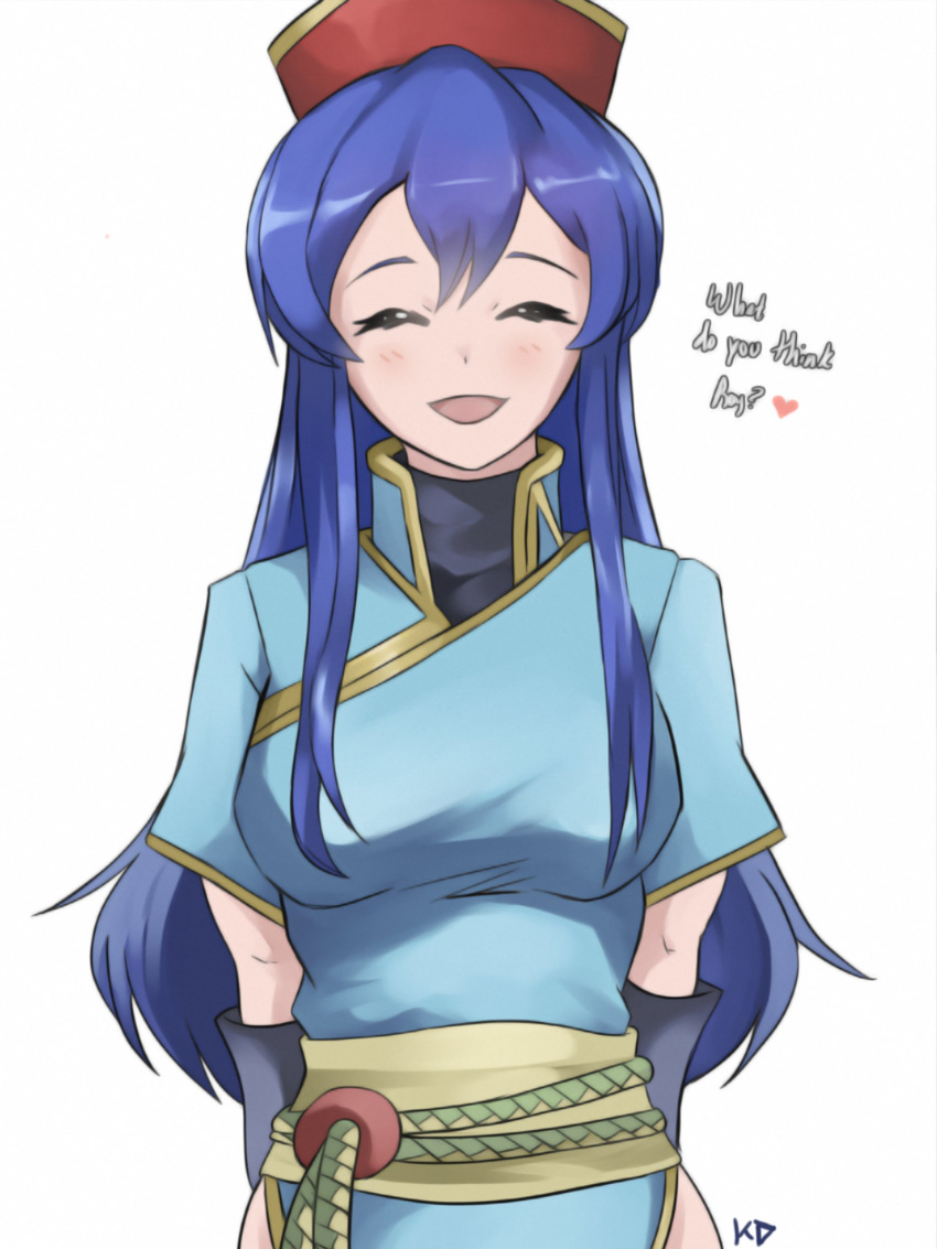 1girl absurdres arms_behind_back blue_hair closed_eyes cosplay fire_emblem fire_emblem:_fuuin_no_tsurugi fire_emblem:_rekka_no_ken fire_emblem_heroes hat highres intelligent_systems lilina long_hair lyndis_(fire_emblem) lyndis_(fire_emblem)_(cosplay) nintendo open_mouth red_hat short_sleeves simple_background solo the_kingduke upper_body white_background