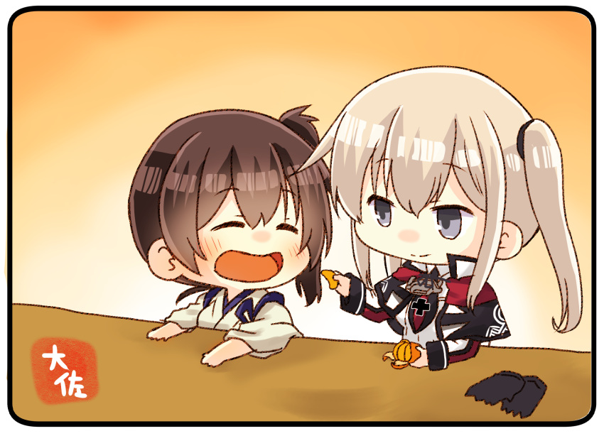 2girls ^_^ ^o^ artist_name black_gloves blonde_hair blush brown_hair capelet closed_eyes closed_eyes eyebrows_visible_through_hair food fruit gloves gloves_removed graf_zeppelin_(kantai_collection) hair_between_eyes highres holding holding_food holding_fruit japanese_clothes kaga_(kantai_collection) kantai_collection long_hair long_sleeves mandarin_orange military military_uniform multiple_girls no_hat no_headwear open_mouth short_hair side_ponytail sidelocks smile taisa_(kari) tasuki twintails uniform violet_eyes