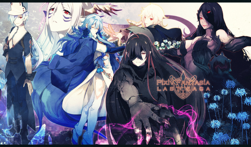 3boys 3girls arm_at_side black_cape black_hair black_nails black_pants blue_flower blue_gloves blue_hair breasts cape claws cleavage copyright_name elbow_gloves etia_(pixiv_fantasia_last_saga) facepaint flower gloves hair_over_one_eye hand_on_hip hat head_wings long_hair magic multiple_boys multiple_girls murok nail_polish pants pixiv_fantasia_last_saga pointy_ears primnell red_eyes rererenoren standing very_long_hair white_hair yellow_eyes