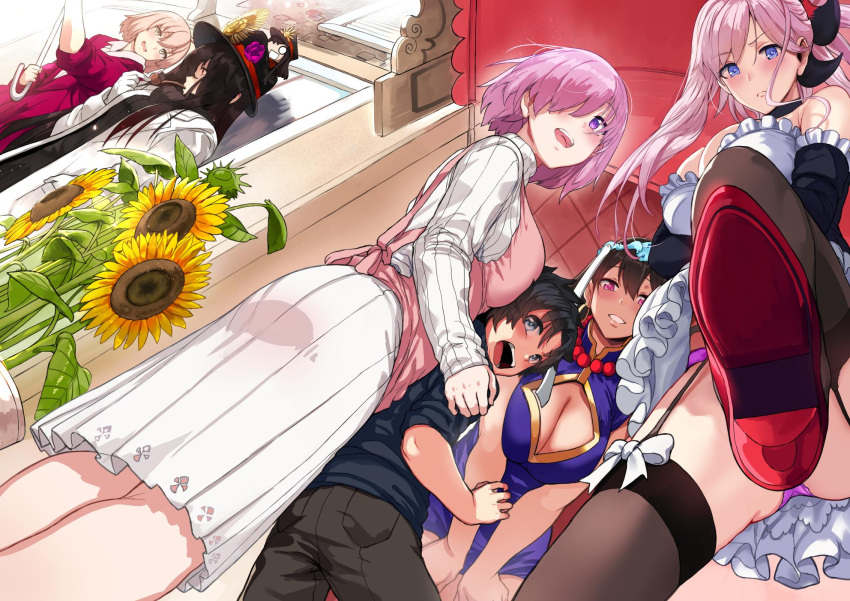 1boy 5girls :d :o black_hair black_legwear black_pants blue_eyes blush bow breasts brown_hair cleavage cleavage_cutout convenient_leg detached_sleeves dress dutch_angle fate/grand_order fate_(series) flower frills from_below fujimaru_ritsuka_(male) garter_straps hair_between_eyes hair_over_one_eye hews_hack high_heels highres indoors large_breasts lavender_hair long_hair looking_at_viewer mash_kyrielight miyamoto_musashi_(fate/grand_order) multiple_girls oda_nobunaga_(fate) okita_souji_(fate) okita_souji_(fate)_(all) open_mouth pants pink_eyes pink_hair red_footwear short_hair smile spiky_hair sunflower violet_eyes white_bow white_dress xuanzang_(fate/grand_order) younger