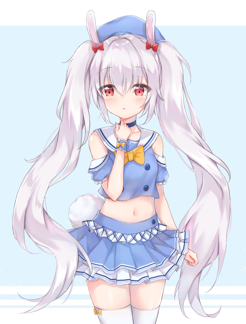 1girl :o azur_lane bangs bare_shoulders beret blue_choker blue_hat blue_shirt blue_skirt blush bow bowtie breasts bunny_hair_ornament bunny_tail choker collarbone cowboy_shot crop_top crop_top_overhang cuna_(qunya) hair_between_eyes hair_ornament hair_ribbon hand_up hat highres laffey_(azur_lane) layered_skirt light_particles long_hair looking_at_viewer midriff miniskirt navel off_shoulder parted_lips pleated_skirt red_eyes ribbon sailor_collar school_uniform serafuku shirt sidelocks silver_hair skirt small_breasts solo standing stomach tail thigh-highs twintails very_long_hair white_legwear white_sailor_collar zettai_ryouiki