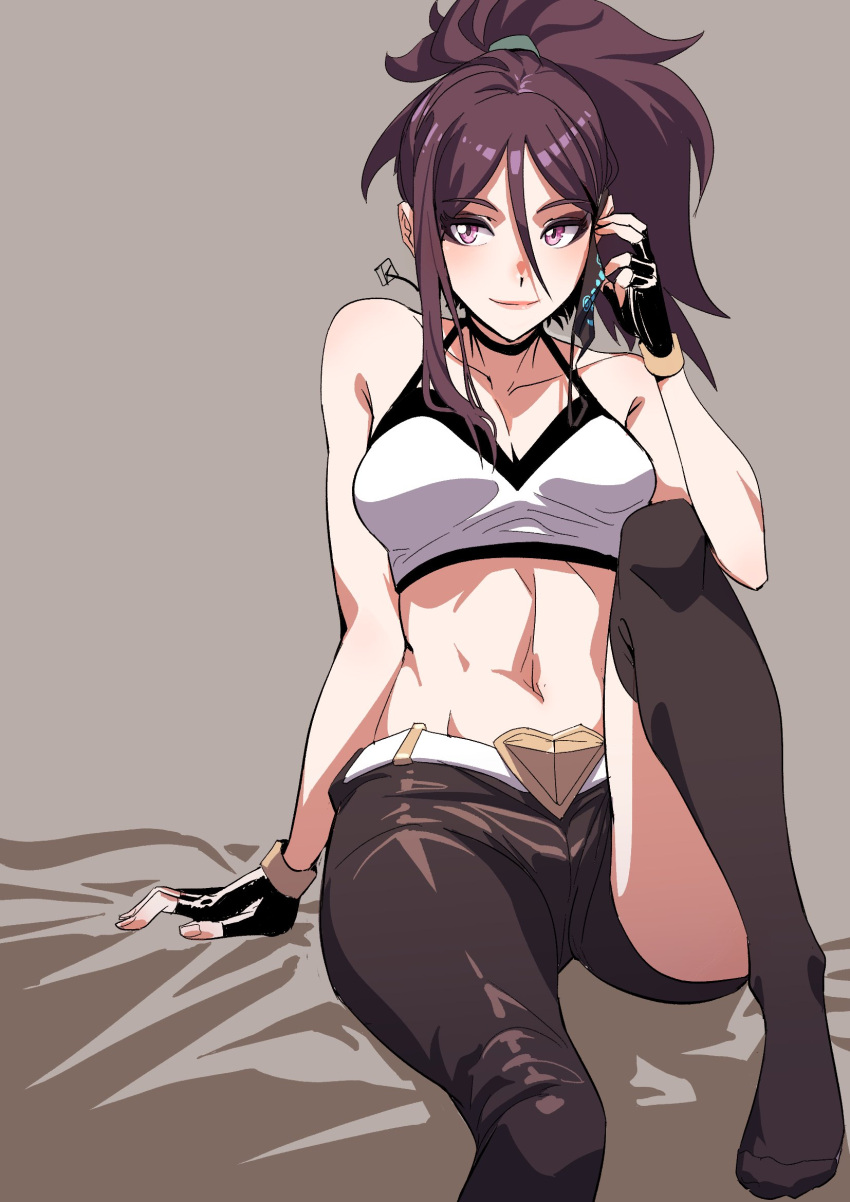 1girl akali bed_sheet belt belt_buckle black_choker black_gloves black_legwear blush brown_hair buckle choker collarbone earrings eyebrows_visible_through_hair fingerless_gloves gloves hair_between_eyes highres holding holding_mask jewelry k/da_(league_of_legends) k/da_akali league_of_legends lipstick makeup mask medium_hair mismatched_legwear navel r8-18 red_lipstick signature sitting smile thigh-highs tied_hair violet_eyes white_belt