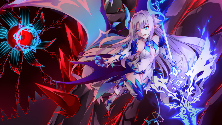 1girl absurdres armored_boots bare_shoulders boots breasts cleavage collarbone detached_sleeves elsword energy_weapon eyebrows_visible_through_hair fur_trim gauntlets highres horns huge_filesize ishtar_(elsword) luciela_r._sourcream qq599167815 star star-shaped_pupils symbol-shaped_pupils tail wings
